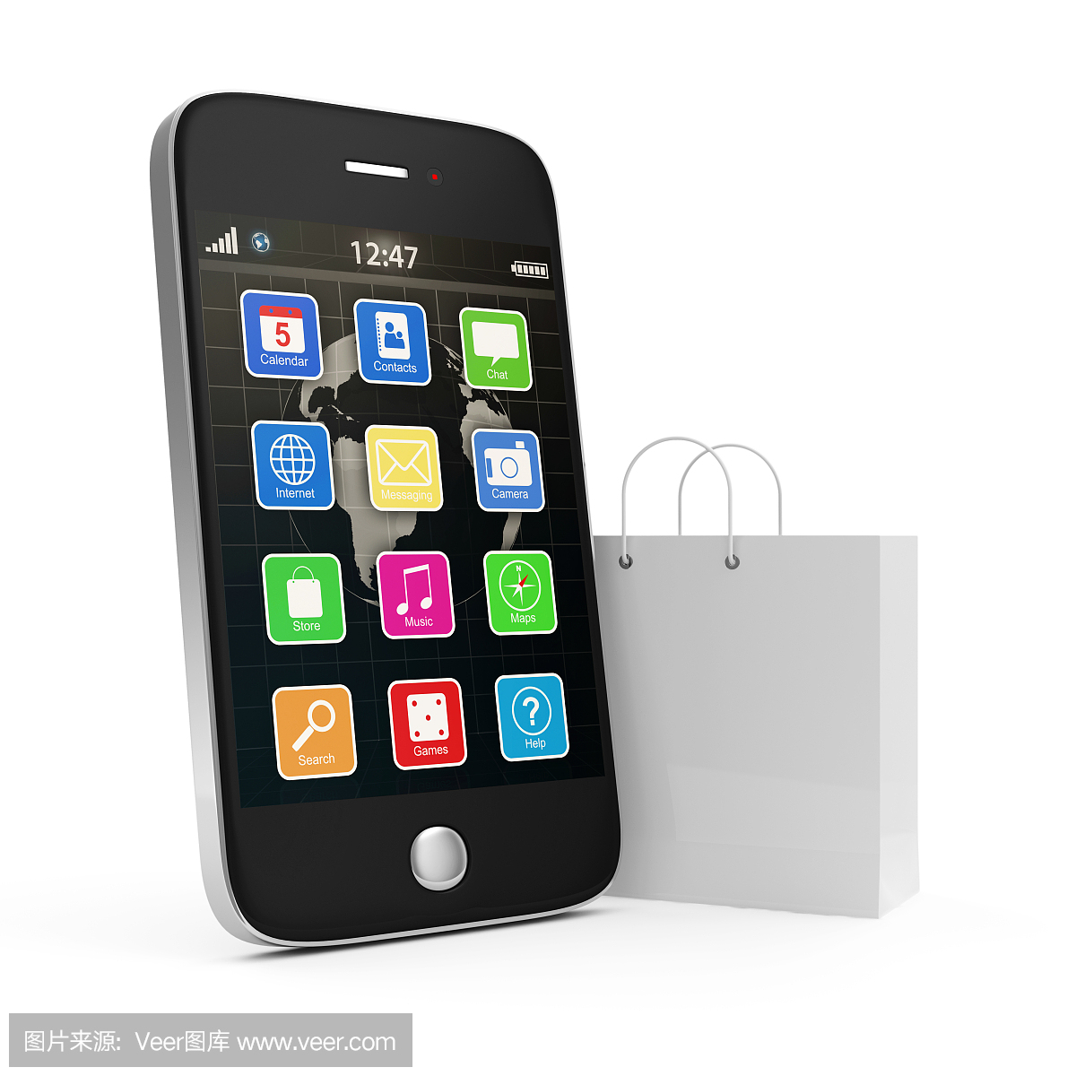 手机市场的概念。带购物袋的触摸屏智能手机